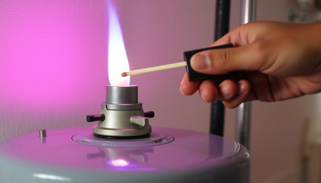 Detailed close-up photograph of a gas water heater's pilot light being relighted, illuminated by the blue flame, with a hand carefully igniting a long match or barbecue lighter. The water heater is placed in a well-lit, clean utility room or basement setting, with a neutral, softly-textured background. The scene conveys a sense of focus, safety, and technical precision, highlighting the steps involved in relighting a pilot light on a common household appliance.