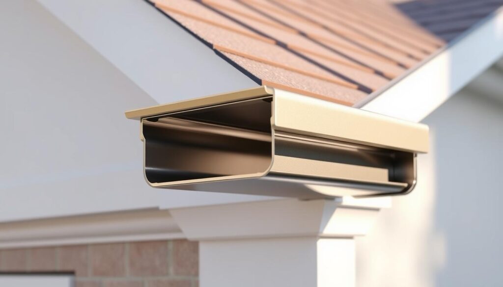 Detailed cross-section of a box gutter on a classical Georgian-style home, illuminated by soft, diffused natural light. Crisp, architectural rendering showcasing the intricate construction - the metal lining, the angled slopes, the concealed drain, and the seamless integration with the roof's edge. Highlight the functional design elements that ensure efficient water drainage, with a focus on the overall aesthetic harmony within the building's facade. Render with a precise, technical style that conveys the expert craftsmanship and thoughtful engineering behind this essential architectural feature.
