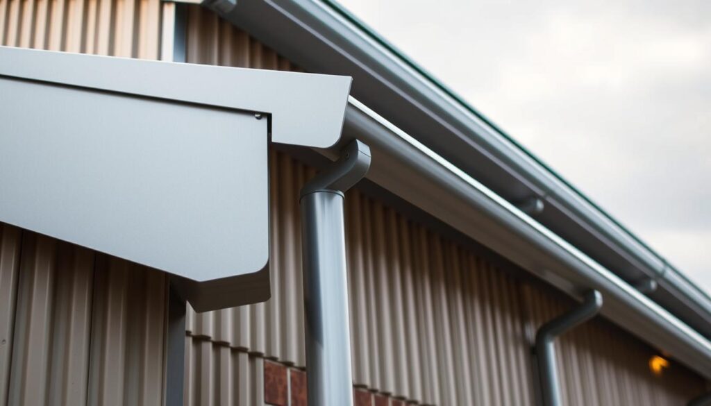 Detailed exterior view of metal gutters installed along the roofline of a commercial building, illuminated by warm, natural lighting from an overcast sky. The gutters are seamlessly integrated into the building's architectural design, featuring clean lines and a matte silver finish that blends harmoniously with the facade. The image captures the gutter system in its functional context, highlighting its importance in managing water flow and drainage for the property. The scene conveys a sense of durability, reliability, and thoughtful design tailored to the needs of industrial and commercial facilities.