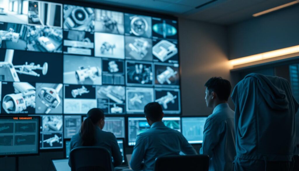 Detailed incident reconstruction in a modern control room. A large video wall displays various camera feeds, sensor data, and schematics. Analysts in the foreground pore over reports and confer, their faces illuminated by the glow of monitors. Soft ambient lighting and muted colors create a contemplative, problem-solving atmosphere. Subtle motion blur suggests an ongoing investigation. High-resolution, photorealistic, cinematic quality.