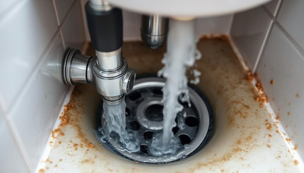 Hydro jetting operation in a residential bathroom: Powerful water jets forcefully flush out stubborn clogs and buildup from sink and shower drains. Closeup view of the jetting nozzle inserting into a drain opening, surrounded by tiled walls and floor. Bright lighting illuminates the chrome fittings and flowing water, creating a clean, clinical atmosphere. The process appears efficient and effective, with the goal of quickly restoring unobstructed flow to the plumbing system.
