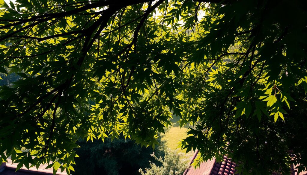 Lush, overhanging tree branches cast dramatic shadows across a tranquil, sun-dappled garden. The leaves sway gently in a soft breeze, their deep green hues contrasting with the warm, golden sunlight filtering through. The branches extend outward in a natural, organic manner, their jagged silhouettes creating an intriguing interplay of light and shadow. A high-angle perspective emphasizes the canopy's imposing presence, conveying a sense of nature's power and potential impact on rooftops below. The overall scene exudes a serene, contemplative atmosphere, hinting at the importance of properly maintaining these verdant, natural elements.