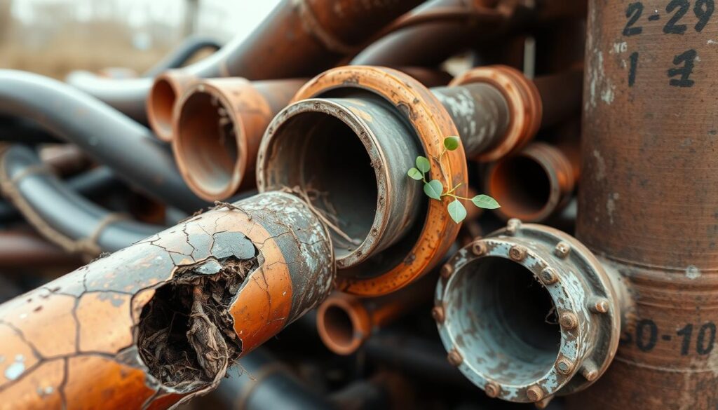 Pipes of various materials - copper, PVC, cast iron - intertwined in a cutaway view, showcasing their cross-sections and textures. The foreground features a detailed close-up of a damaged pipe, with cracks and roots growing through. The middle ground displays a network of pipes in different stages of wear, some with mineral buildup, others corroded. The background fades into a soft, atmospheric lighting, hinting at the unseen infrastructure beneath the earth. Shot with a tilt-shift lens to create a sense of depth and importance. Conveys the vulnerability of piping systems to seasonal changes and the need for proactive maintenance.