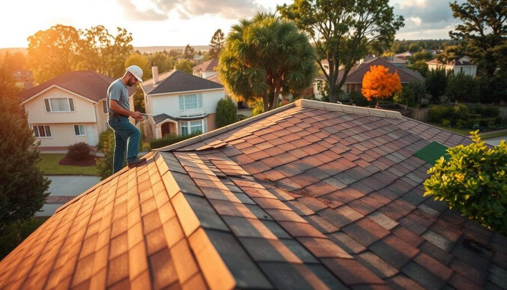 Roof maintenance scene set in a residential neighborhood, with a skilled contractor inspecting and repairing a leaky roof. In the foreground, the worker examines the shingles, tools in hand, as sunlight filters through the clouds, casting warm tones. In the middle ground, the house facade features a well-maintained exterior, suggesting a sense of care and attention to detail. The background depicts a picturesque suburban landscape, with other homes and trees framing the scene, conveying a tranquil atmosphere. The overall mood is one of diligence and professionalism, reflecting the importance of proper roof maintenance to keep homes secure and protected.