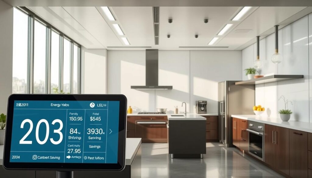 a sleek and modern kitchen interior with large windows, bright natural lighting, and energy-efficient appliances prominently displayed. the countertops are made of sustainable materials, and the lighting fixtures are LED bulbs. the room has a minimalist, futuristic feel with clean lines and a muted color palette. in the foreground, a digital display shows detailed energy consumption data and cost savings. the overall atmosphere conveys a sense of environmental responsibility and technological innovation in the commercial kitchen setting.