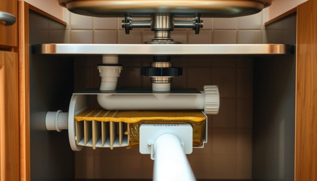 a well-lit, detailed image of a residential grease trap system, showcasing a cross-section view that reveals its internal components. The trap is installed under the kitchen sink, with a stainless steel lid that can be easily removed for maintenance. The foreground depicts the trap's baffles and the layer of solidified grease that has accumulated, while the middle ground shows the connection to the drainage pipes leading away from the sink. In the background, the kitchen cabinetry and tiled backsplash provide context, creating a cohesive domestic setting. The lighting is soft and even, highlighting the textures and materials of the grease trap components. The overall mood is informative and educational, suitable for illustrating a section on residential grease trap basics.